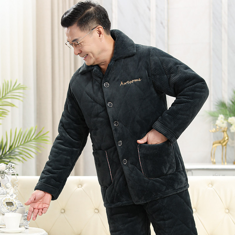秋冬季男士睡衣长袖加厚加绒三层珊瑚绒夹棉爸爸家居服中老年冬款