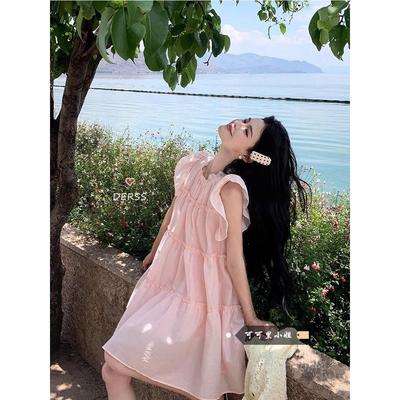 粉色小飞袖连衣裙女夏季2024新款奶系穿搭甜美初恋小个子娃娃裙子