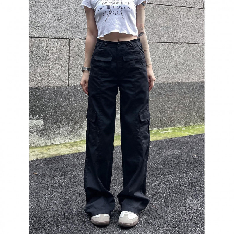 BAOER美式复古窄版工装裤女黑色vibe直筒多口袋辣妹伞兵休闲裤子