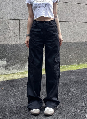 BAOER美式复古窄版工装裤女黑色vibe直筒多口袋辣妹伞兵休闲裤子