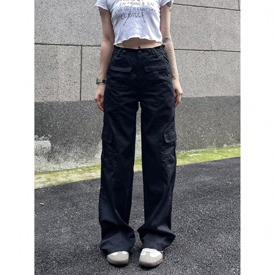 BAOER美式复古窄版工装裤女黑色v