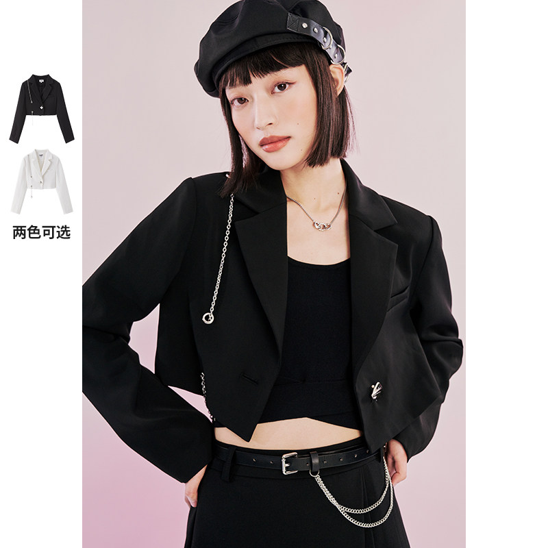洛丽帕链条装饰短款小西装外套女春设计感小众黑色西服上衣高级感