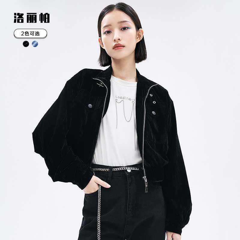 洛丽帕潮牌女装早春季新品丝绒复古浅蓝工装外套短款内里加绒夹克