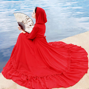 茶卡盐湖旅拍长裙新款 仙女红色雪纺连衣裙连帽度假沙滩裙大摆长裙