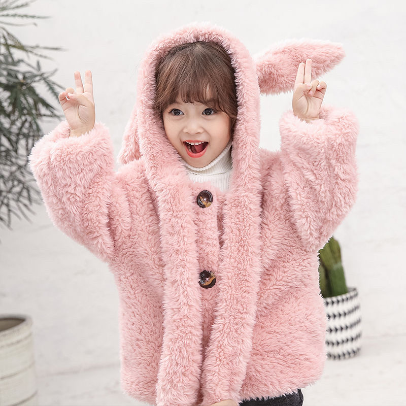 新款男女童仿皮草外套小中大童宝宝会动耳朵加厚棉服棉衣中长款