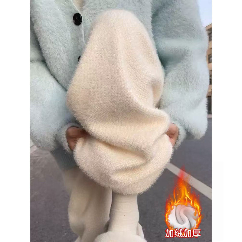 白色水貂绒阔腿裤女秋冬加绒裤子高腰休闲窄版直筒裤小个子糯米裤