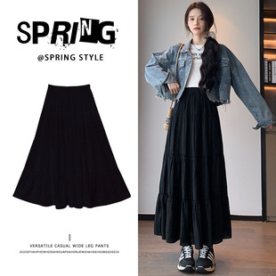 黑色半身裙子女春秋2025新款高腰a字显瘦中长裙小个子蓬蓬蛋糕裙