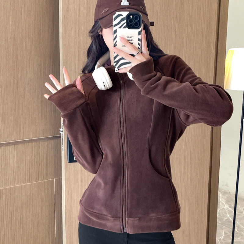 美拉德连帽卫衣女2025新款秋冬加绒修身小个子开衫上衣摇粒绒外套