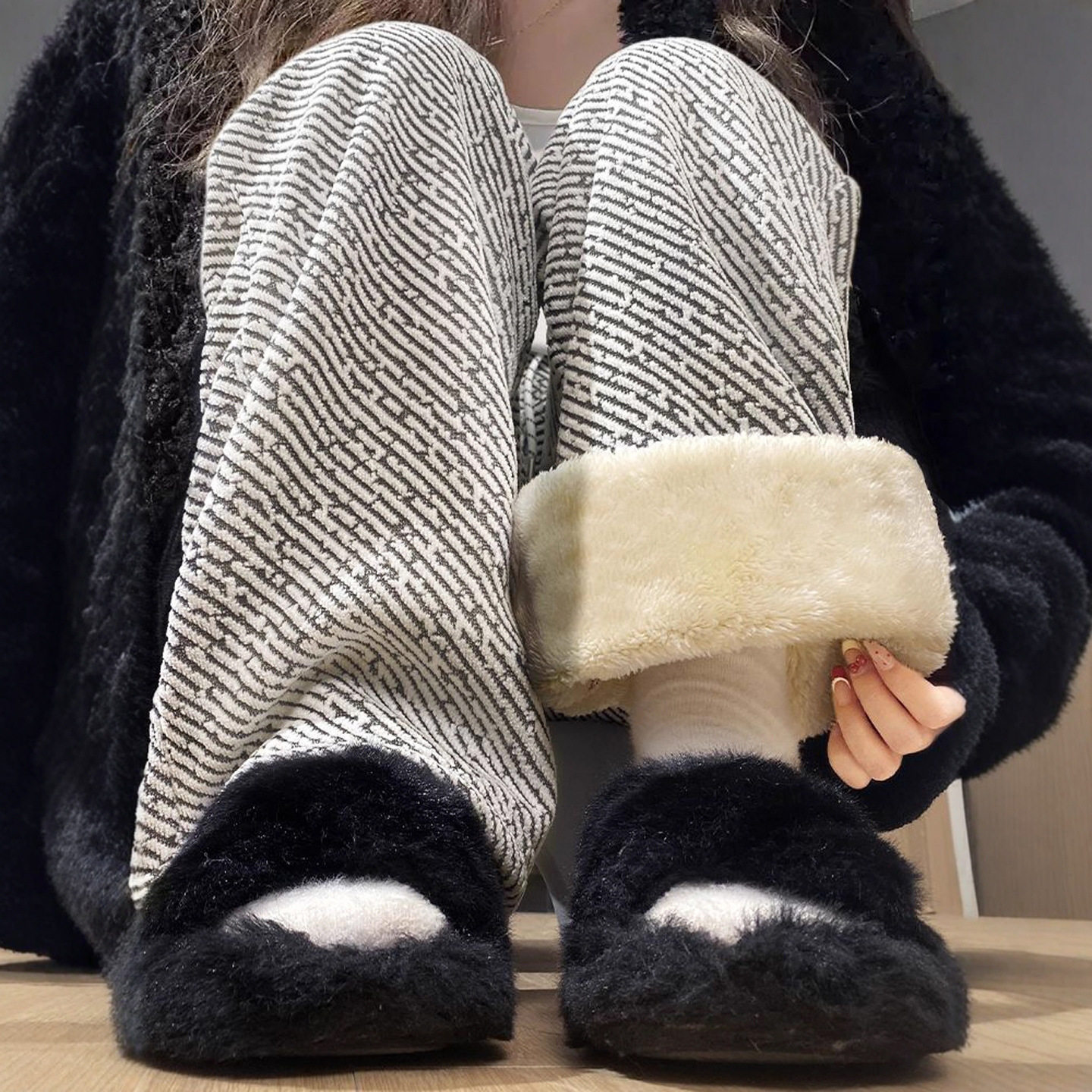 雪尼尔加绒阔腿裤女秋冬季加厚棉裤宽松慵懒小个子毛呢羊羔绒裤子