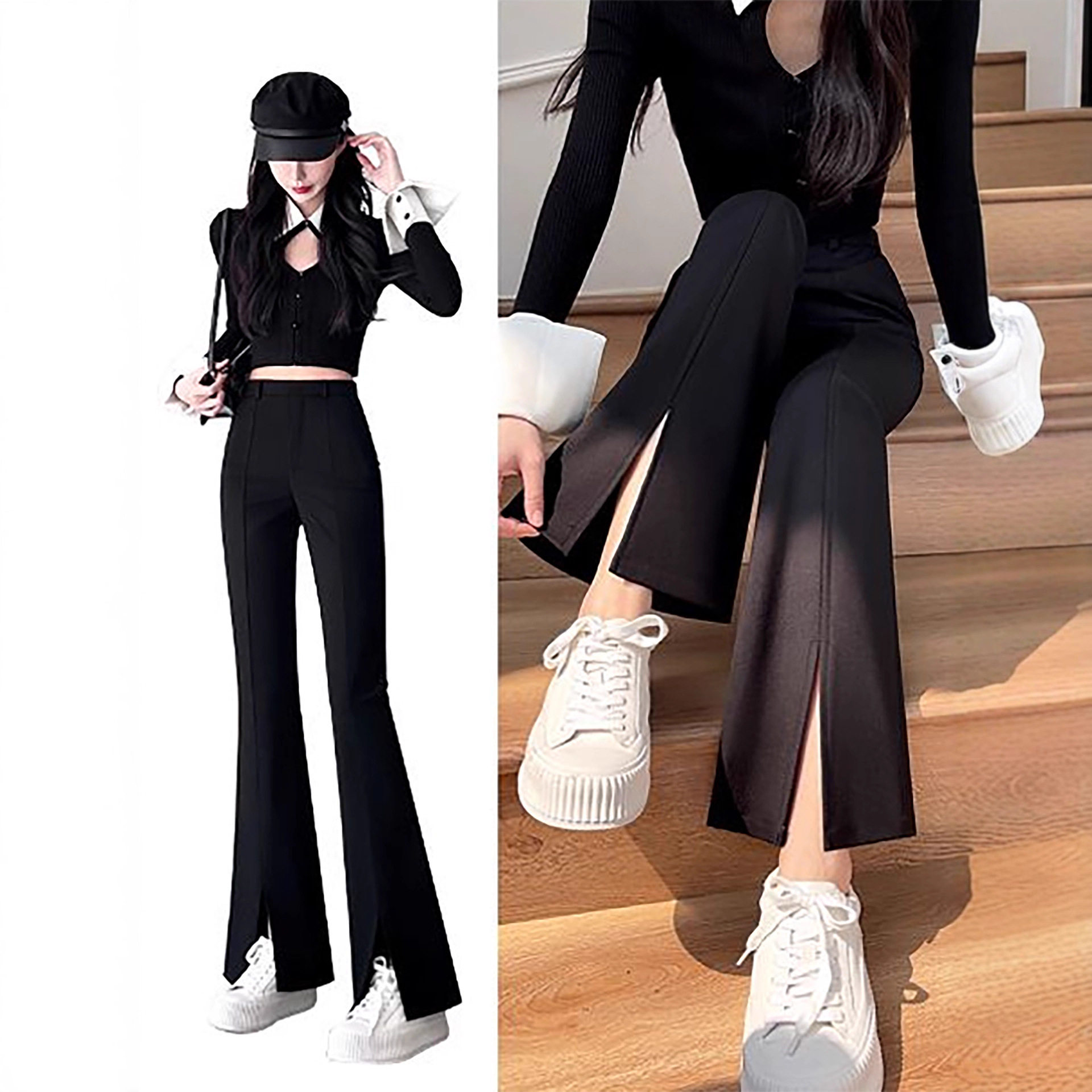 喇叭裤女春秋2025新款高腰显瘦修身高级感垂感黑色西装开叉微喇裤