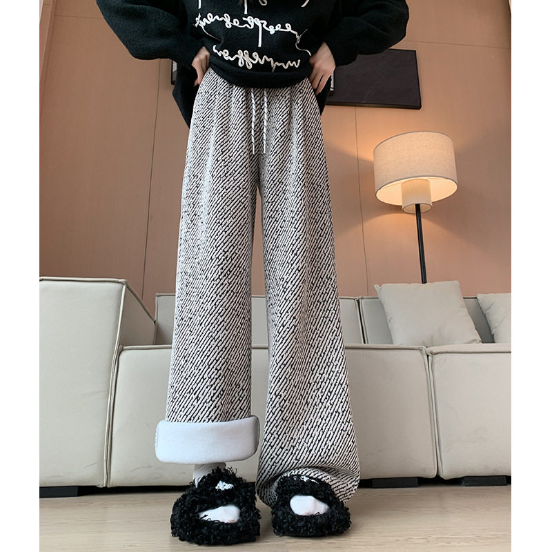 加绒阔腿裤女秋冬季2025新款宽松慵懒休闲小个子窄版直筒毛呢裤子