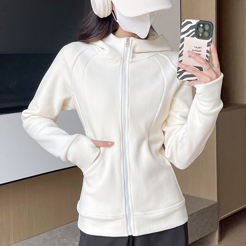白色加绒卫衣女秋冬季2025新款修身上衣小个子连帽摇粒绒开衫外套