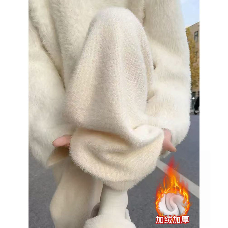白色水貂绒加绒裤子女冬新款高腰休闲直筒裤小个子显瘦糯米阔腿裤