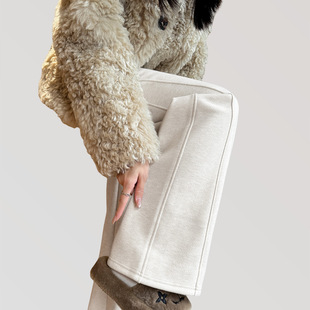 醋酸羊毛阔腿裤女秋冬季加绒窄版直筒小个子人字纹毛呢弯刀卫裤子