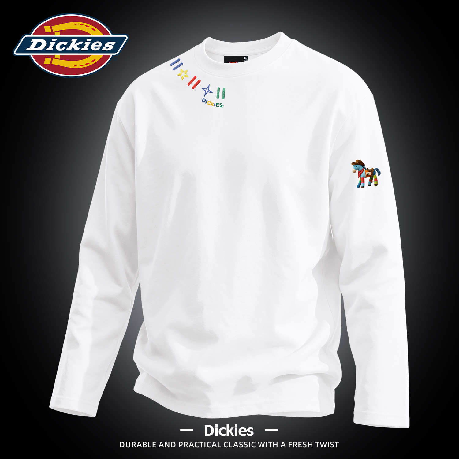 Dickies白色长袖T恤男款印花LOGO宽松落肩袖潮牌上衣男重磅衣服男