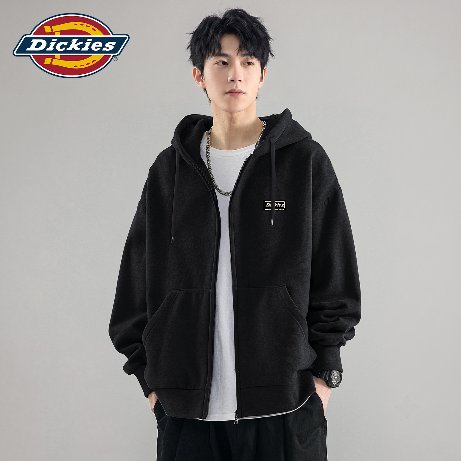 Dickies美式开衫卫衣男春秋款连帽上衣宽松休闲拉链衫男黑色外套