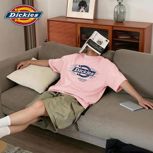 Dickies纯棉短袖T恤男款粉色青少年宽松半袖上衣圆领印花夏季衣服