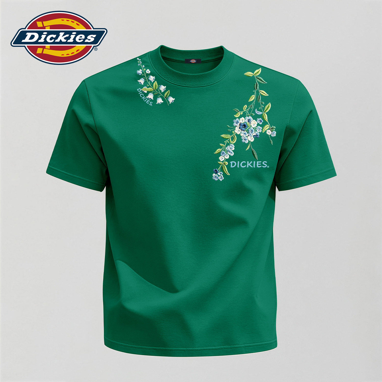 Dickies花卉印花短袖T恤男士墨绿色宽松大码上衣服纯棉重磅半袖男