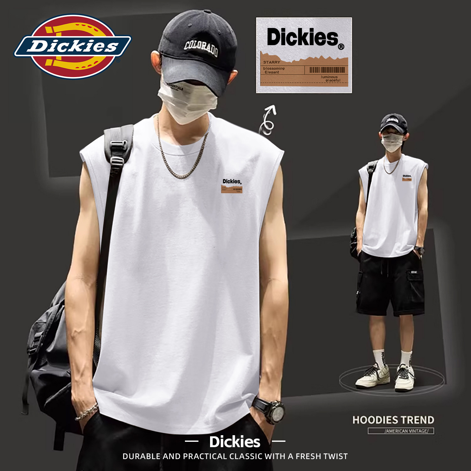 Dickies纯棉背心男夏季宽松无袖坎肩印花套头衫运动健身男士上衣