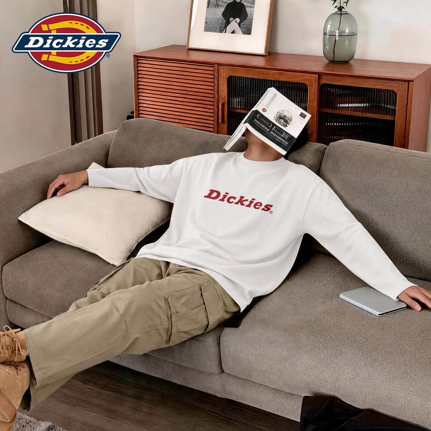 Dickies男士白色纯棉长袖T恤青少年重磅宽松休闲LOGO男生印花上衣