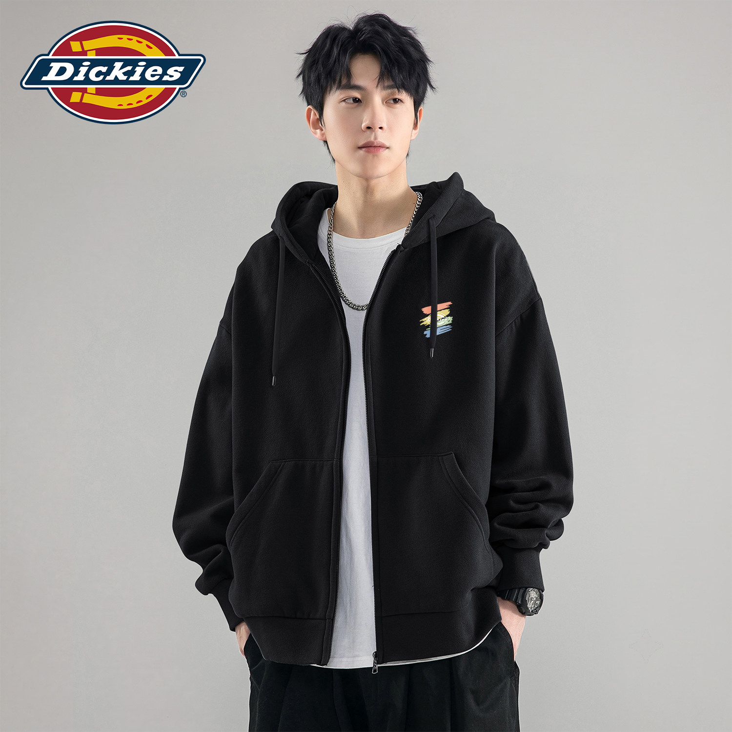 Dickies黑色开衫卫衣男青少年秋季宽松休闲印花外套男士连帽衣服