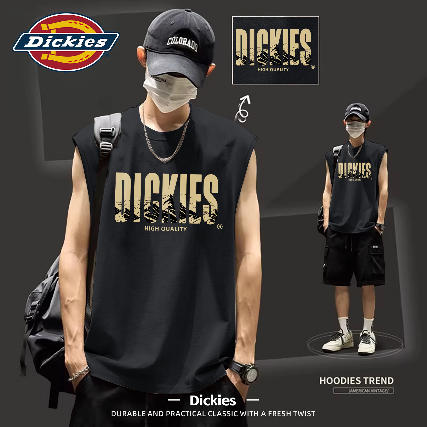 Dickies纯棉背心男2026夏季宽松潮牌印花无袖坎肩运动上衣男汗衫T