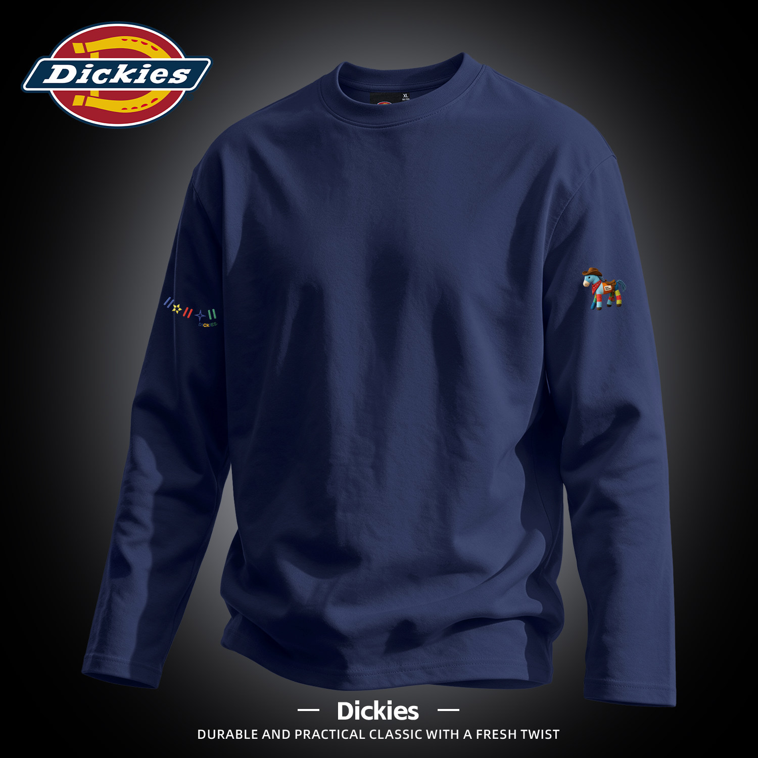 Dickies纯棉长袖T恤男设计感印花上衣服男士宽松大码秋装套头衫男