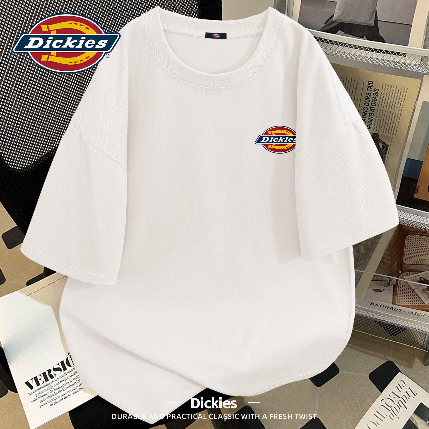 Dickies短袖t恤男款白色圆领五分袖2026新款青年重磅半袖男上衣服