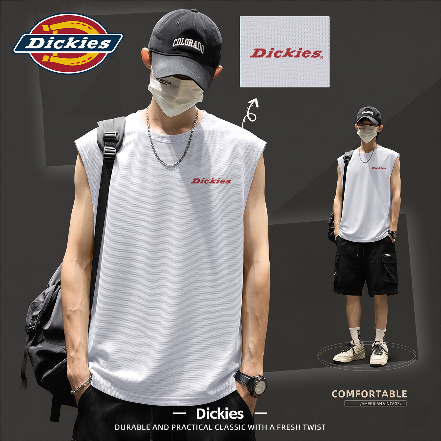 Dickies男士无袖网眼背心夏薄款冰丝透气运动速干上衣宽松打底T恤
