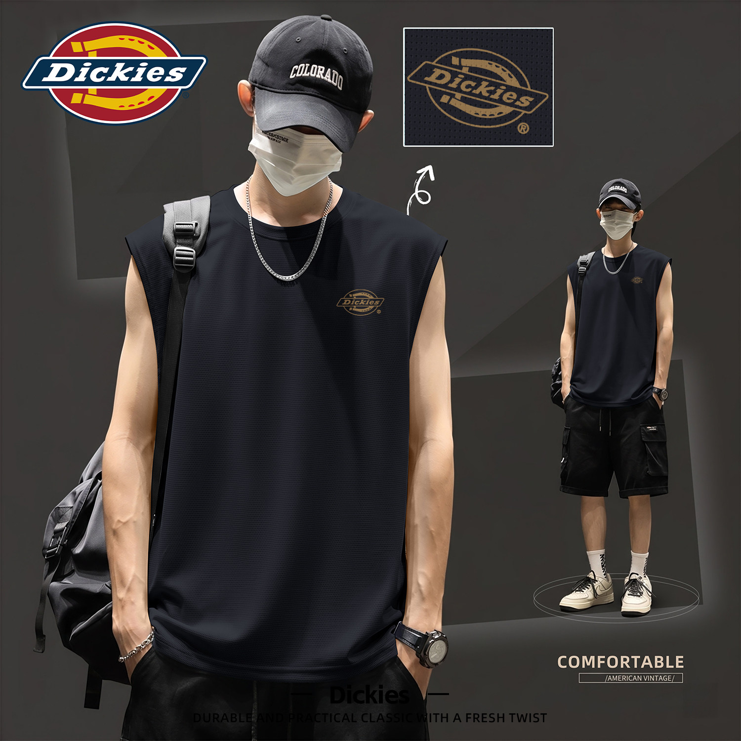 Dickies黑色男士冰丝速干背心夏季透气无袖LOGO印花坎肩上衣t恤男