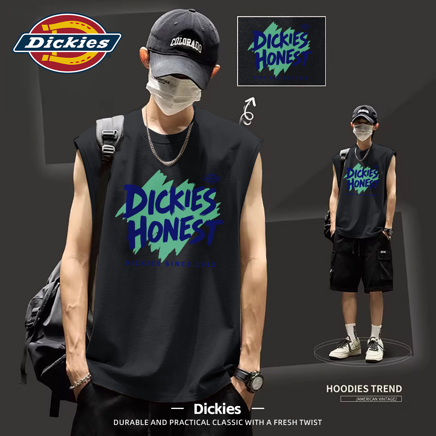 Dickies黑色纯棉背心男2026夏季新款宽松印花无袖上衣百搭男生T恤