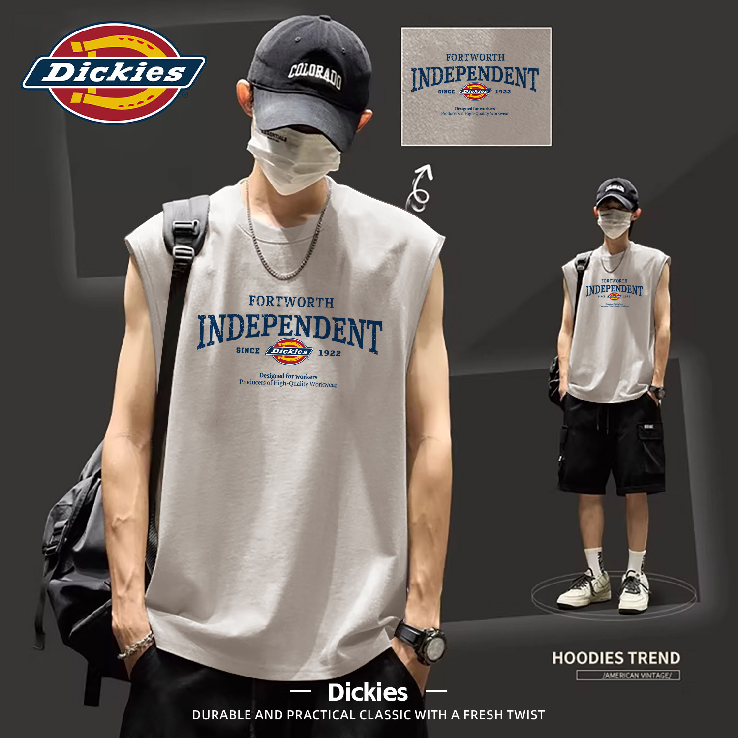 Dickies纯棉背心男夏季宽松无袖男士套头汗衫跑步运动健身T恤衫男