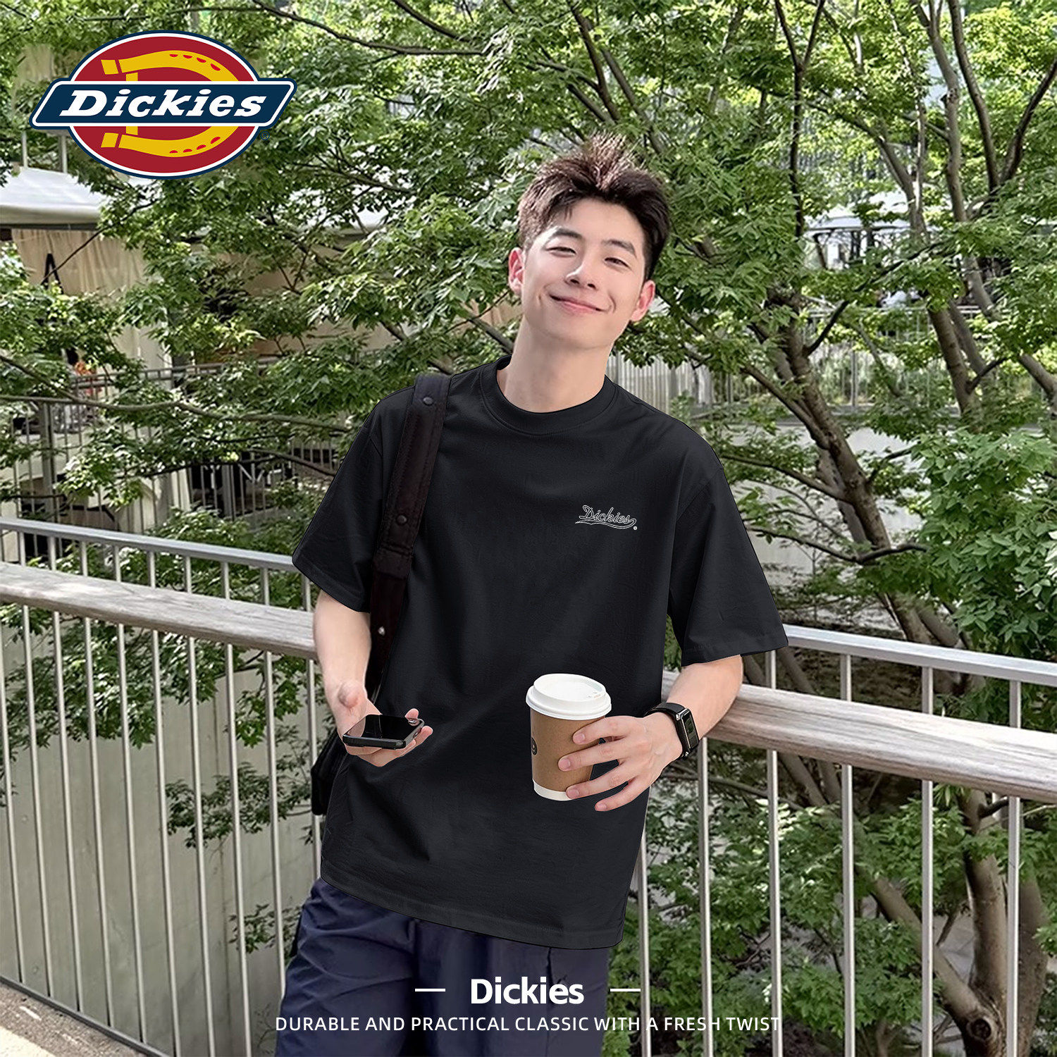 Dickies黑色纯棉短袖T恤男款重磅休闲美式夏装衣服男潮流五分袖男