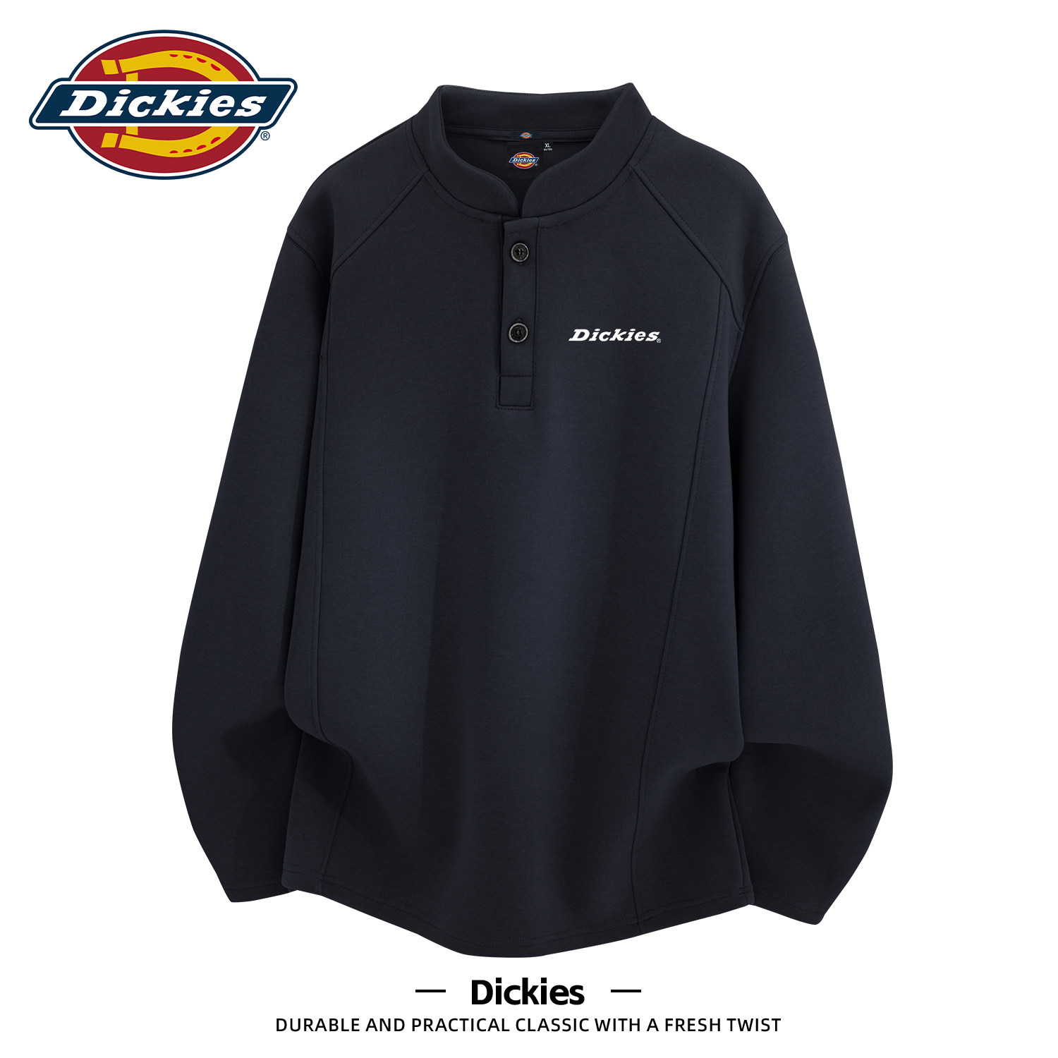 Dickies黑色潮牌亨利领卫衣男生青少年早秋美式印花休闲百搭上衣