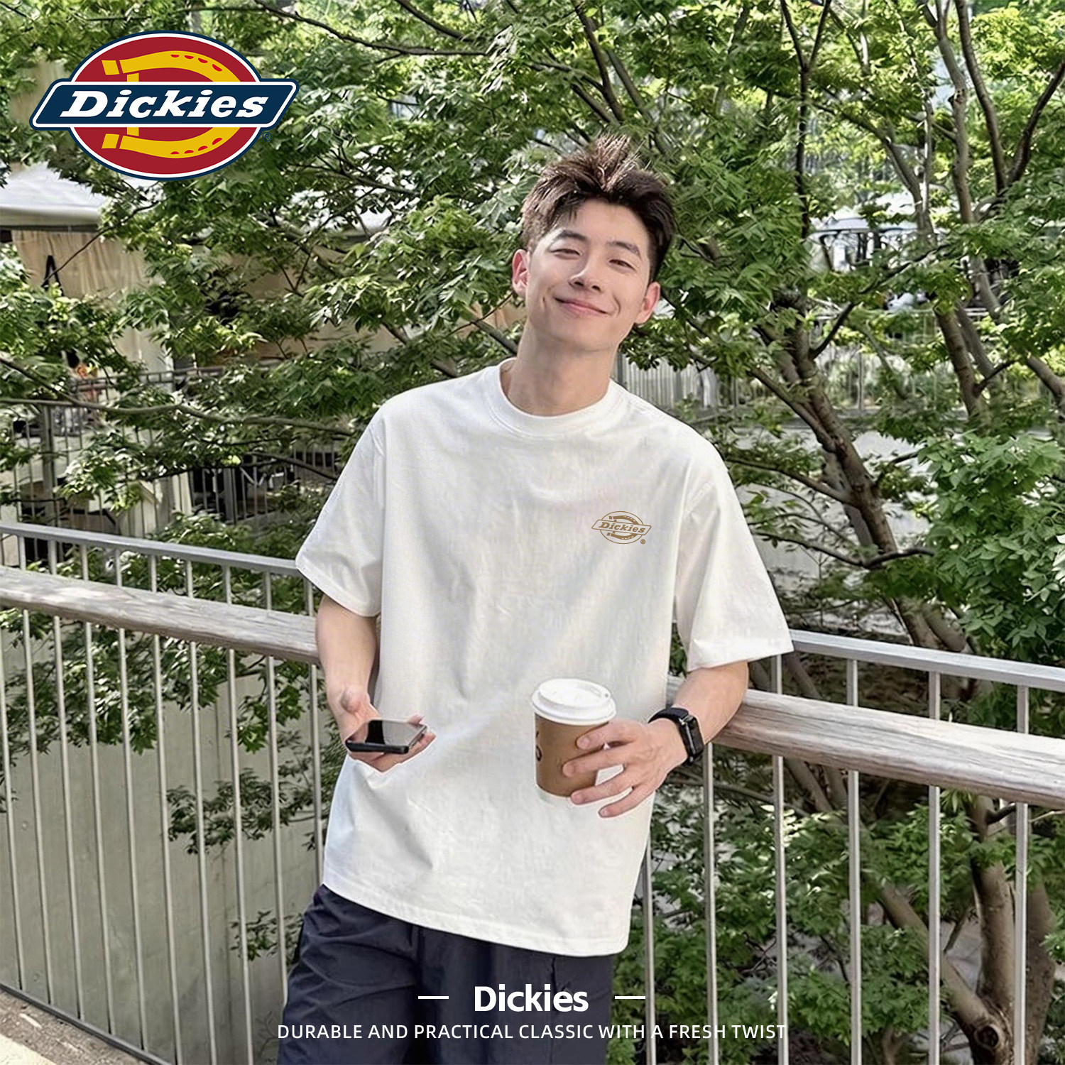 Dickies短袖T恤男款白色宽松圆领纯棉印花五分袖男士夏季半袖上衣
