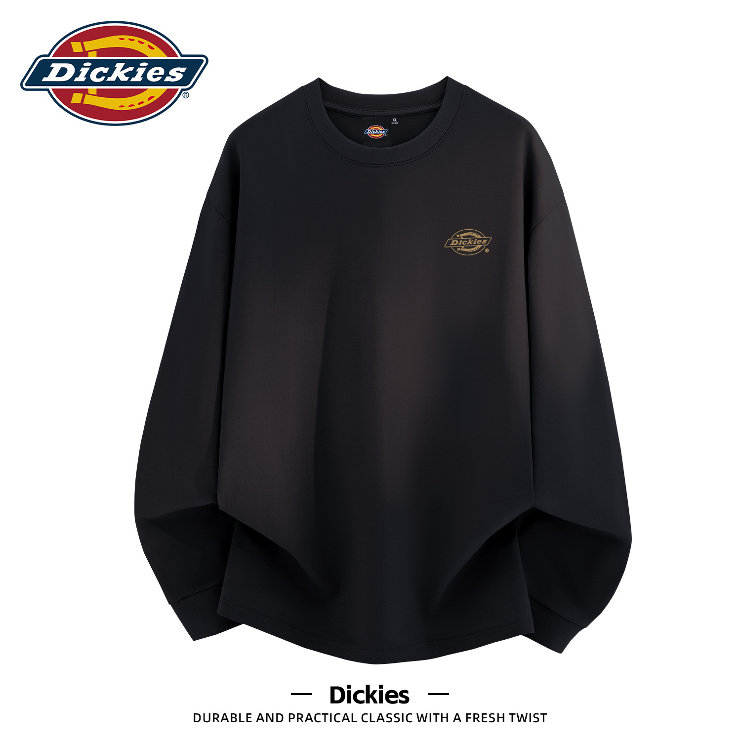 Dickies黑色纯棉重磅长袖T恤男款百搭宽松学生套头上衣秋季打底衫