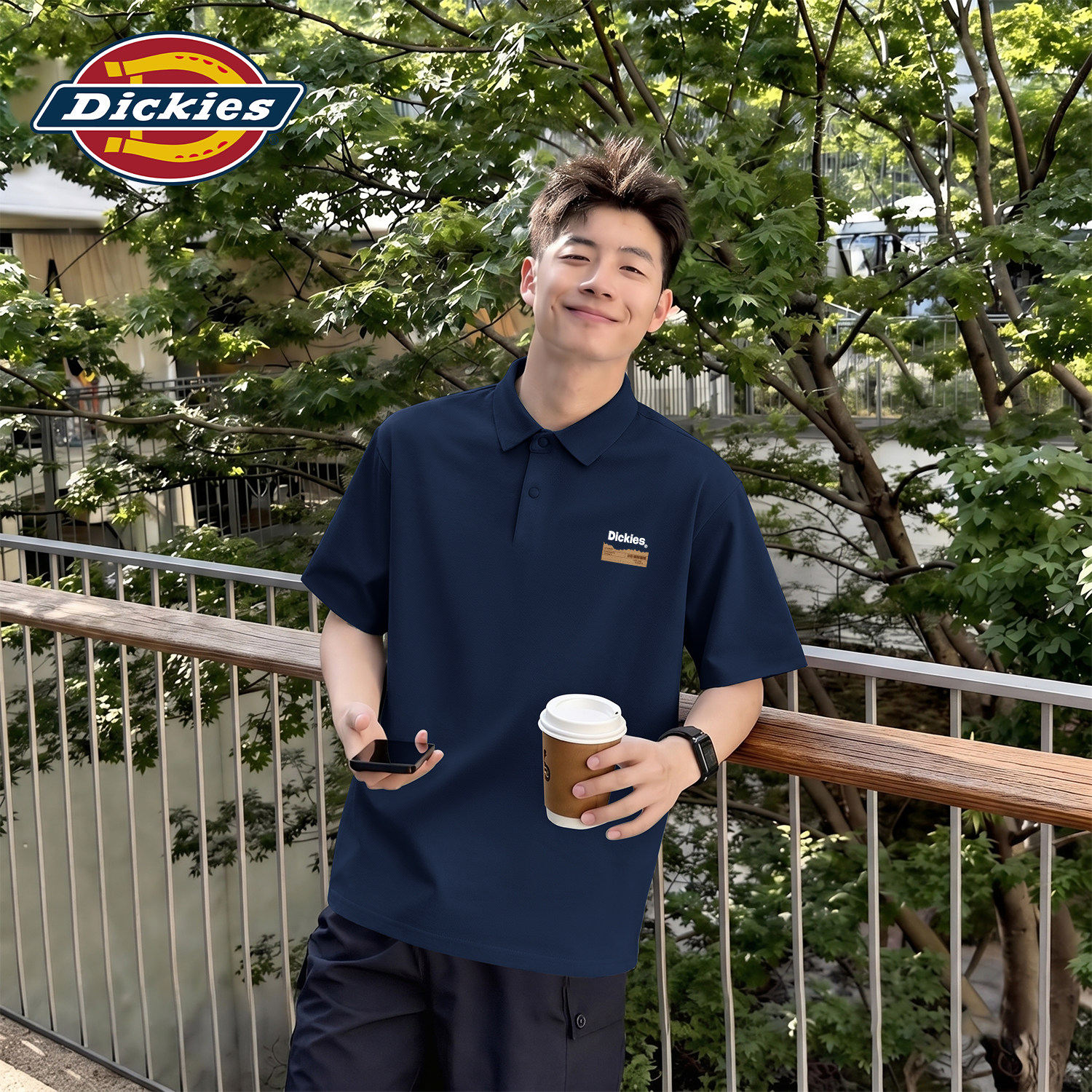 Dickies男士短袖POLO衫夏季冰感上衣商务休闲字母印花深蓝衣服男T