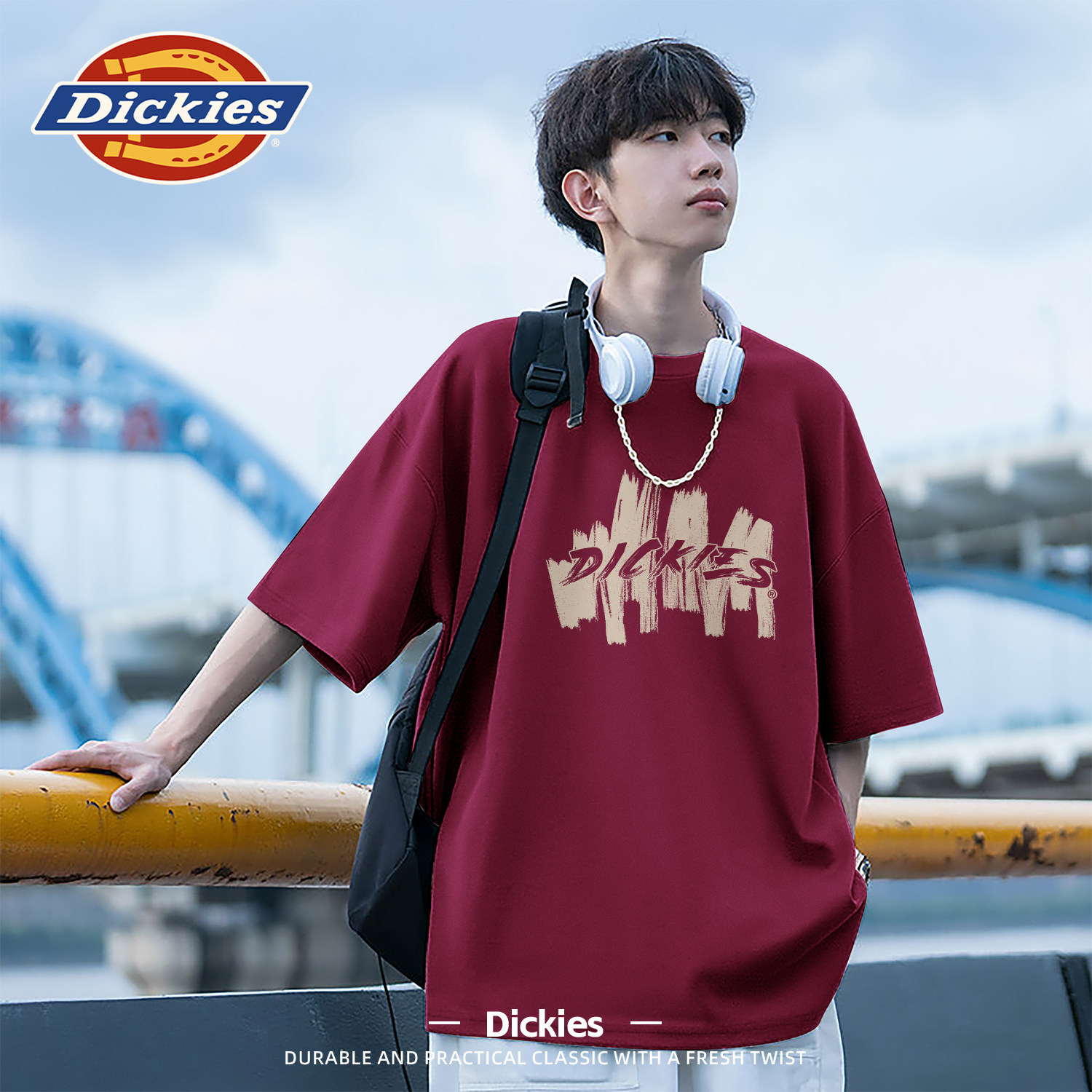Dickies酒红色短袖t恤纯棉男生夏装衣服大码宽松潮流印花半袖上衣
