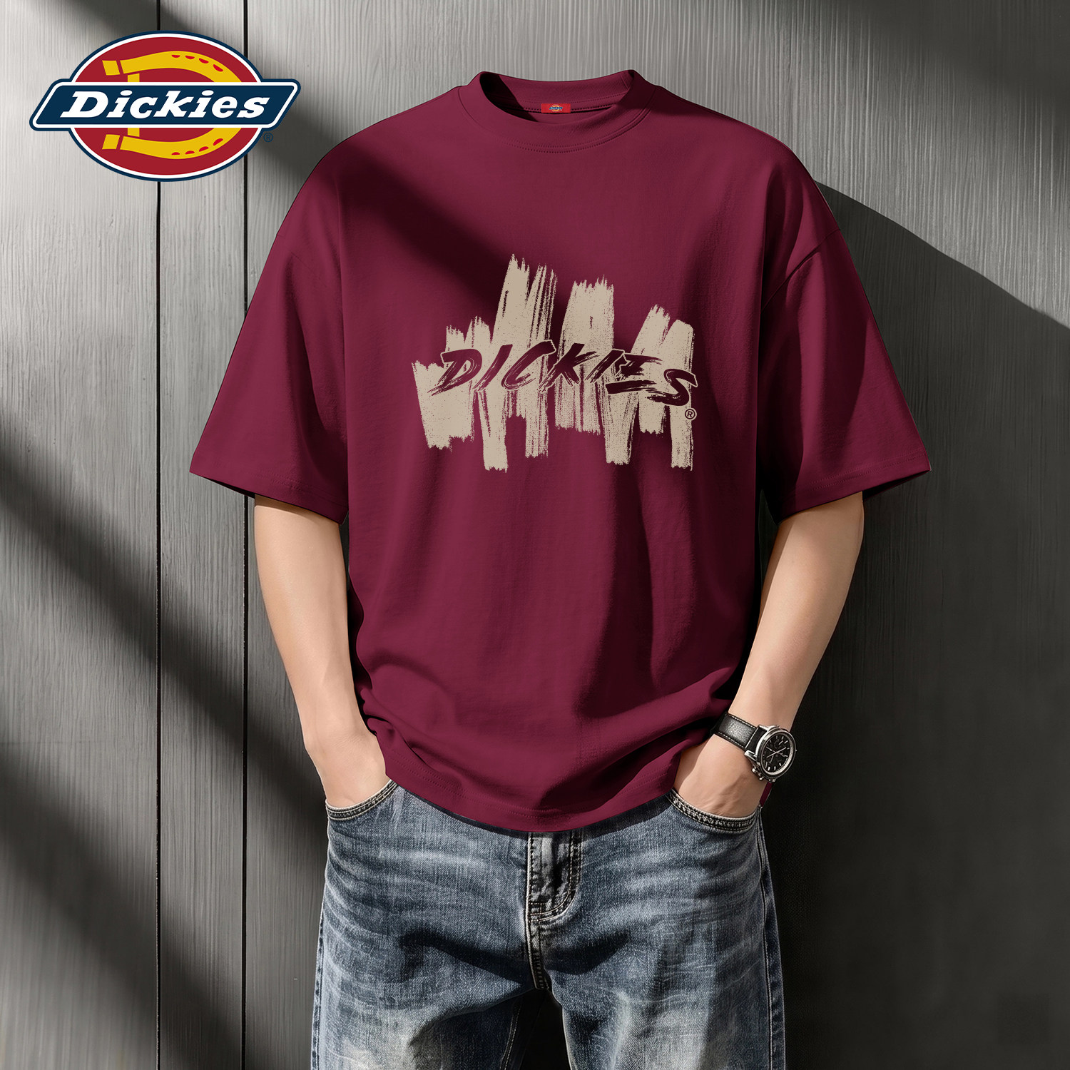 Dickies短袖T恤男女2026夏季酒红色印花纯棉宽松潮流体恤男士半袖
