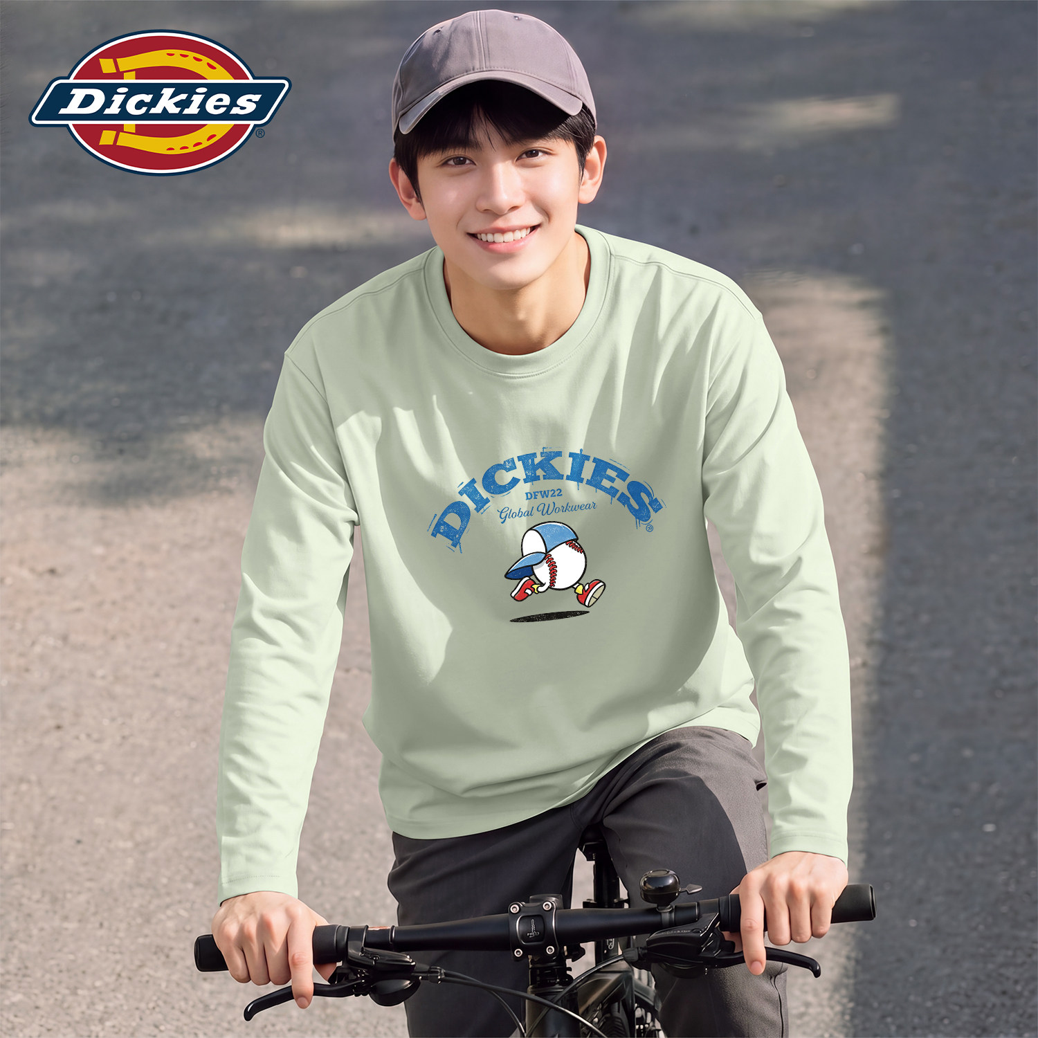 Dickies灰绿色长袖T恤男款中学生上衣男2026秋季新款宽松纯棉衣服