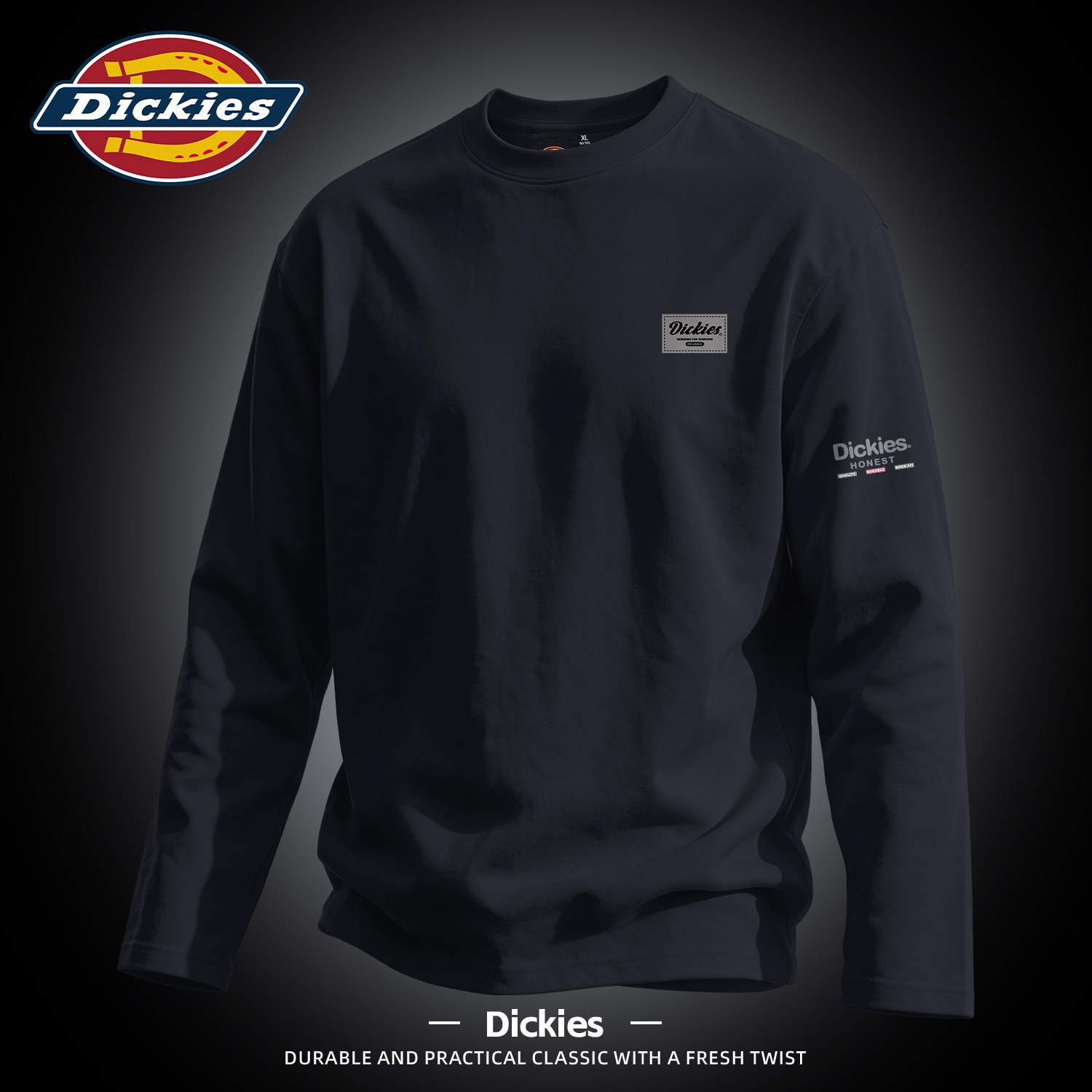 Dickies黑色潮牌长袖T恤男设计感青少年美式上衣纯棉宽松打底衫男