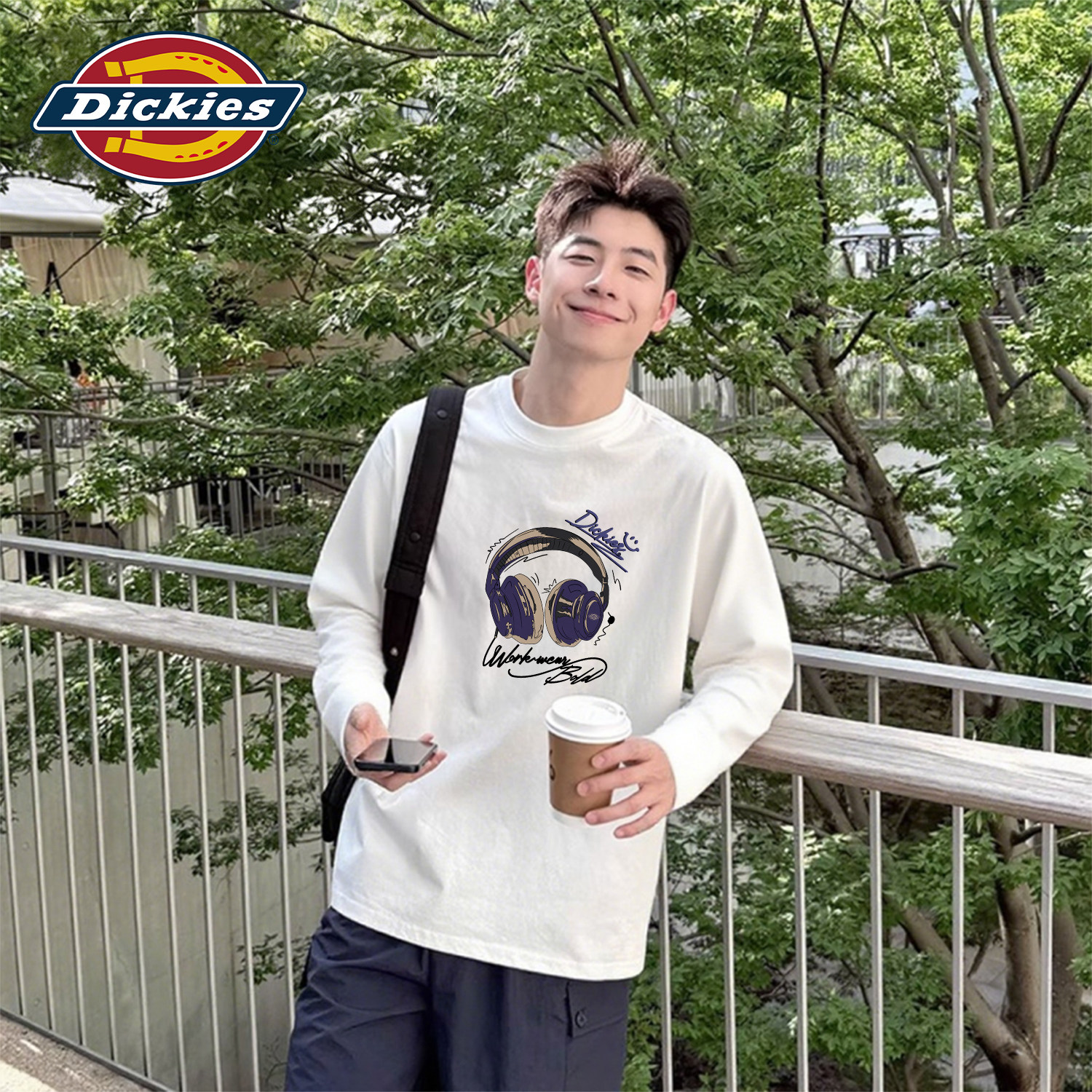 Dickies白色印花长袖T恤男宽松纯棉青少年休闲潮牌打底衫男士上衣