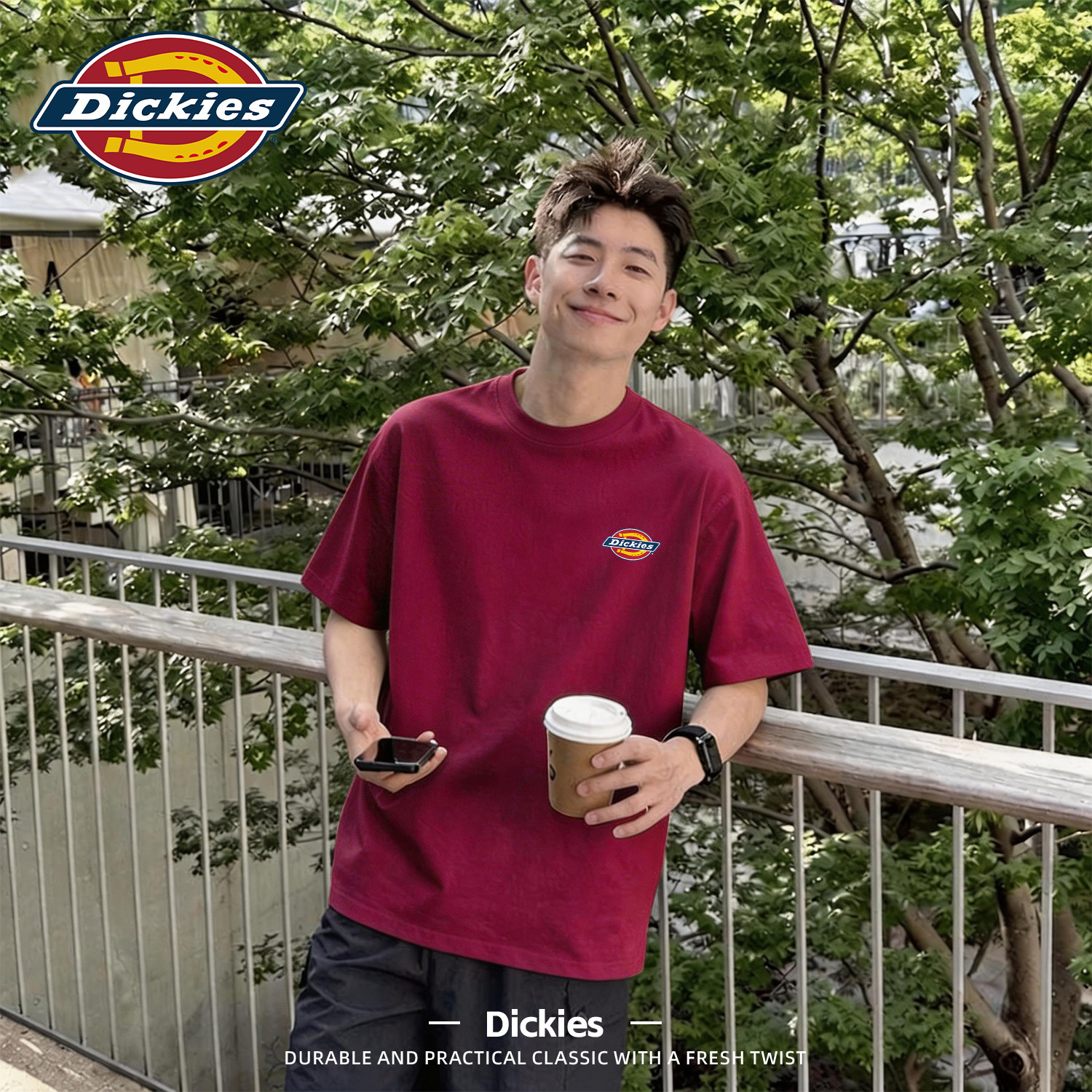 Dickies酒红色短袖T恤男青少年潮流半袖上衣男打底衫宽松运动衣服
