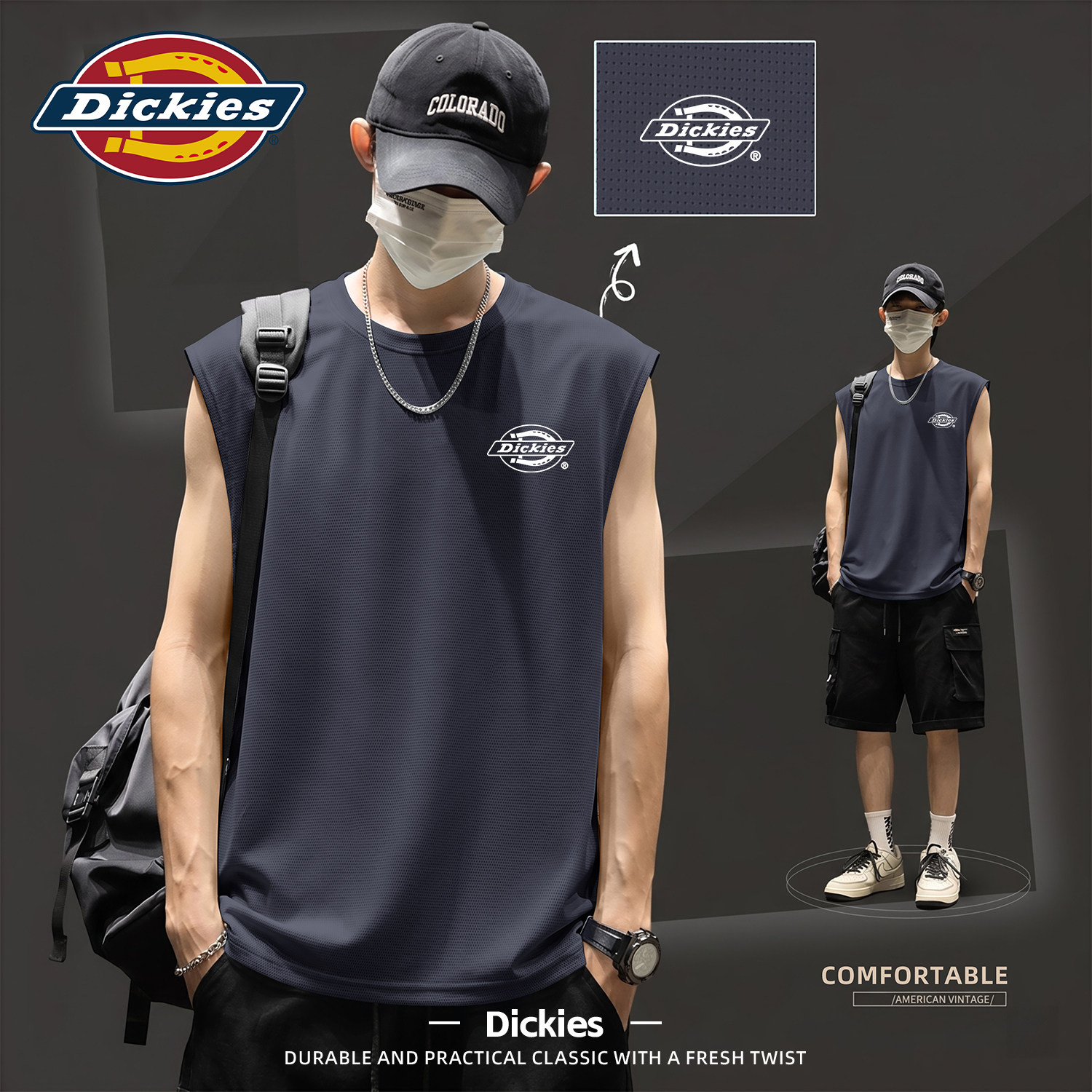 Dickies男士无袖背心夏冰丝薄款运动速干T恤宽松圆领印花打底上衣