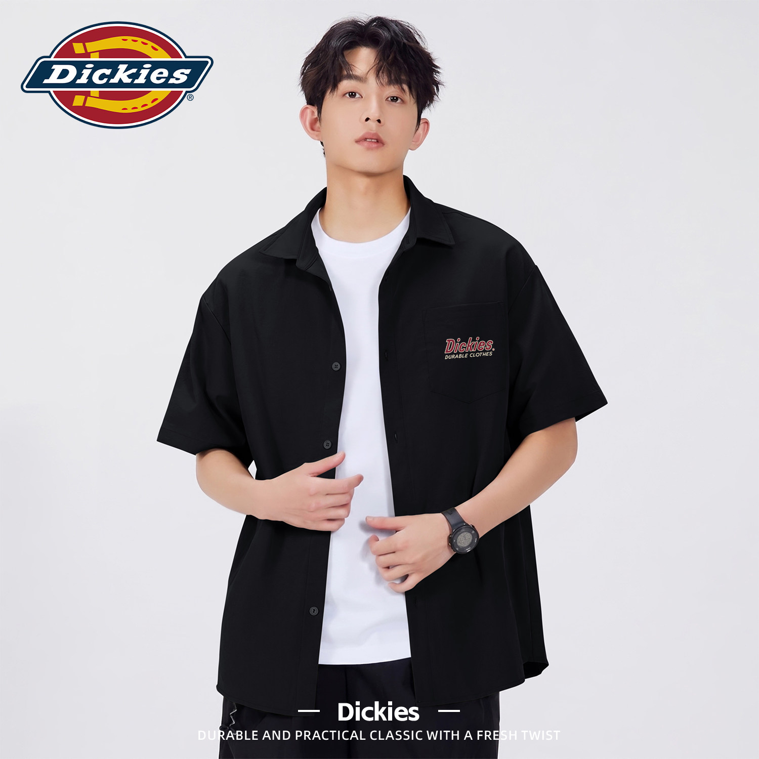 Dickies黑色短袖衬衫男2026夏季新款凉感速干印花潮流百搭衬衣男
