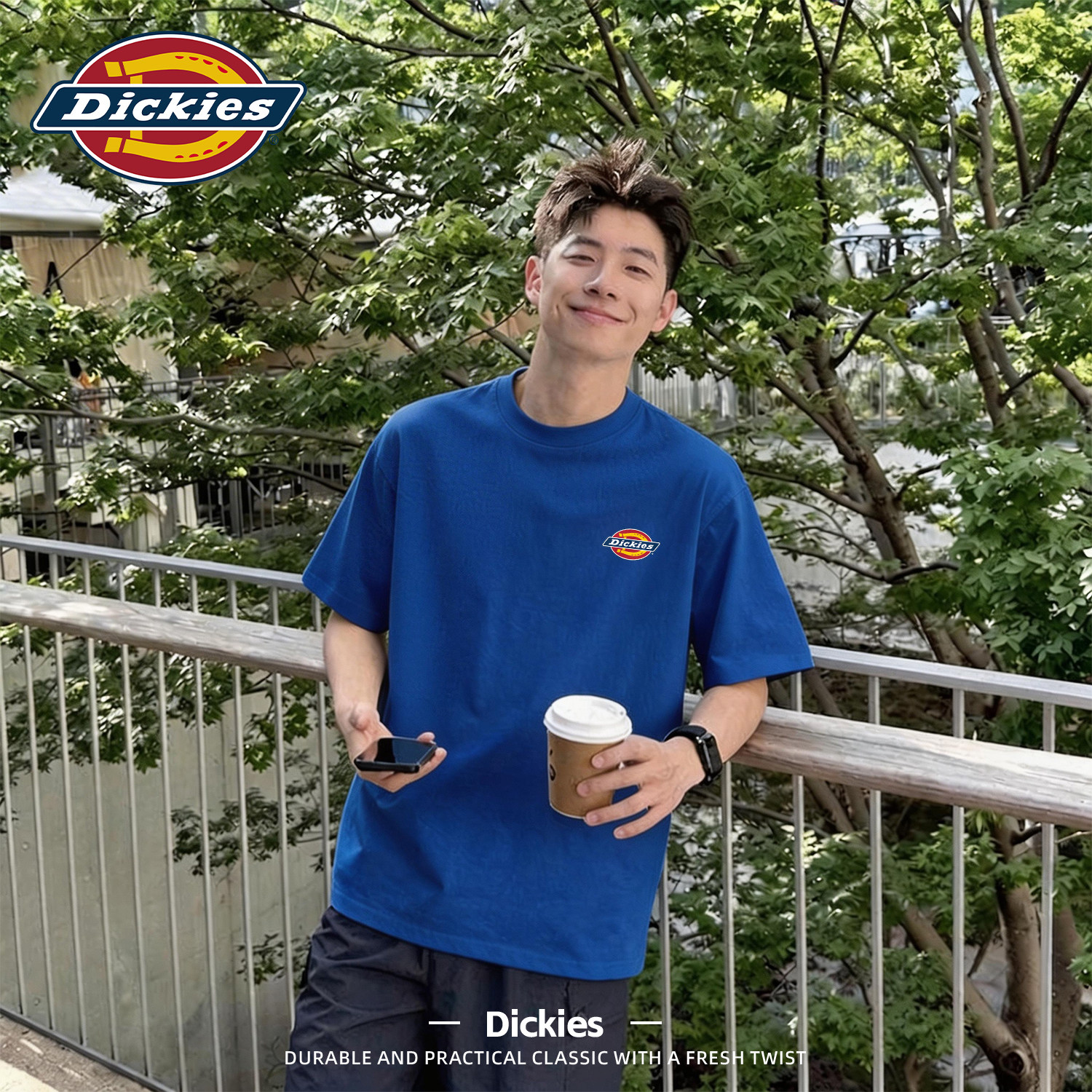 Dickies短袖T恤男克莱因蓝休闲简约夏季宽松圆领纯棉印花男生上衣