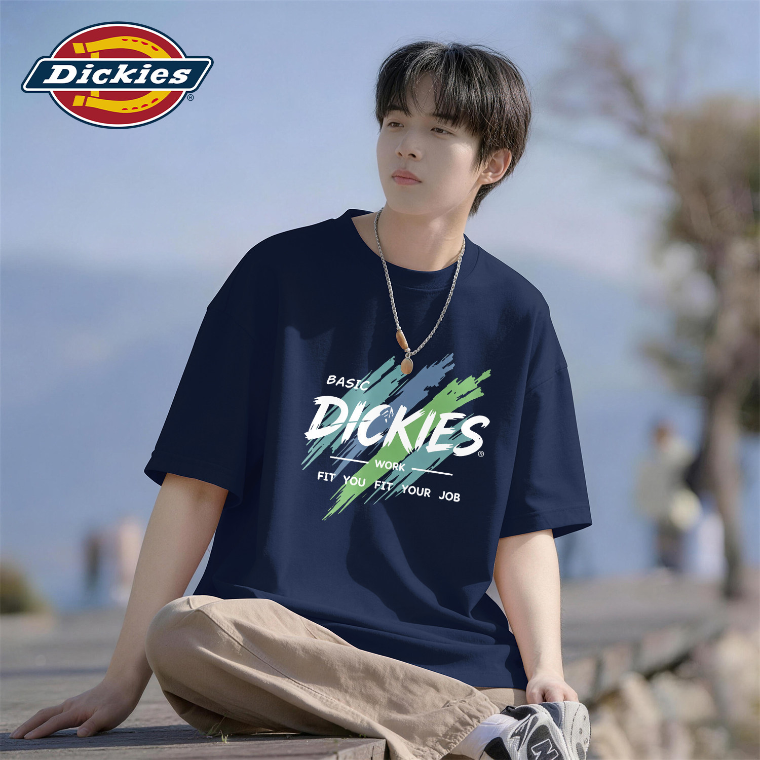 Dickies男士短袖T恤纯棉重磅藏青色夏季学生上衣休闲男生运动衣服