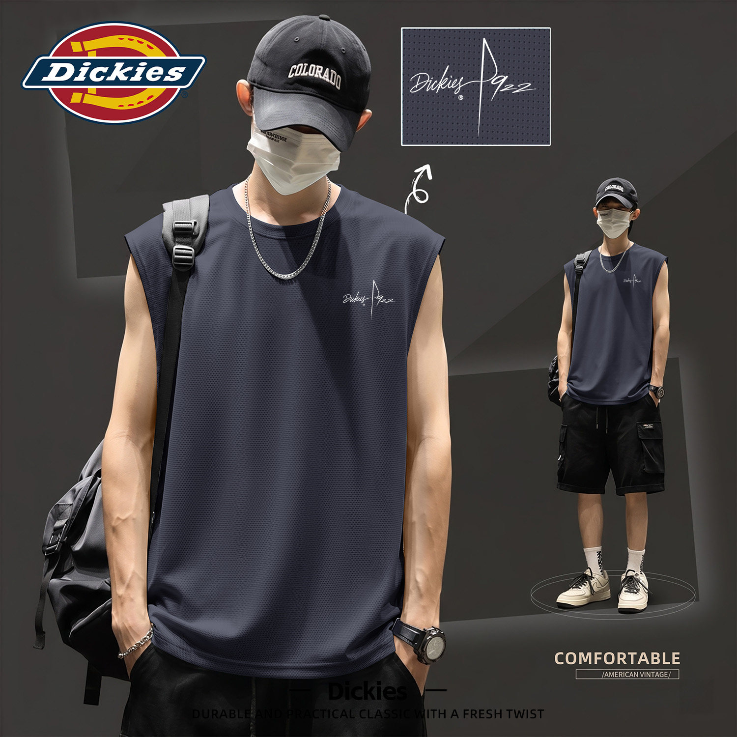 Dickies冰丝背心男夏轻薄宽松透气速干运动健身上衣网眼无袖坎肩