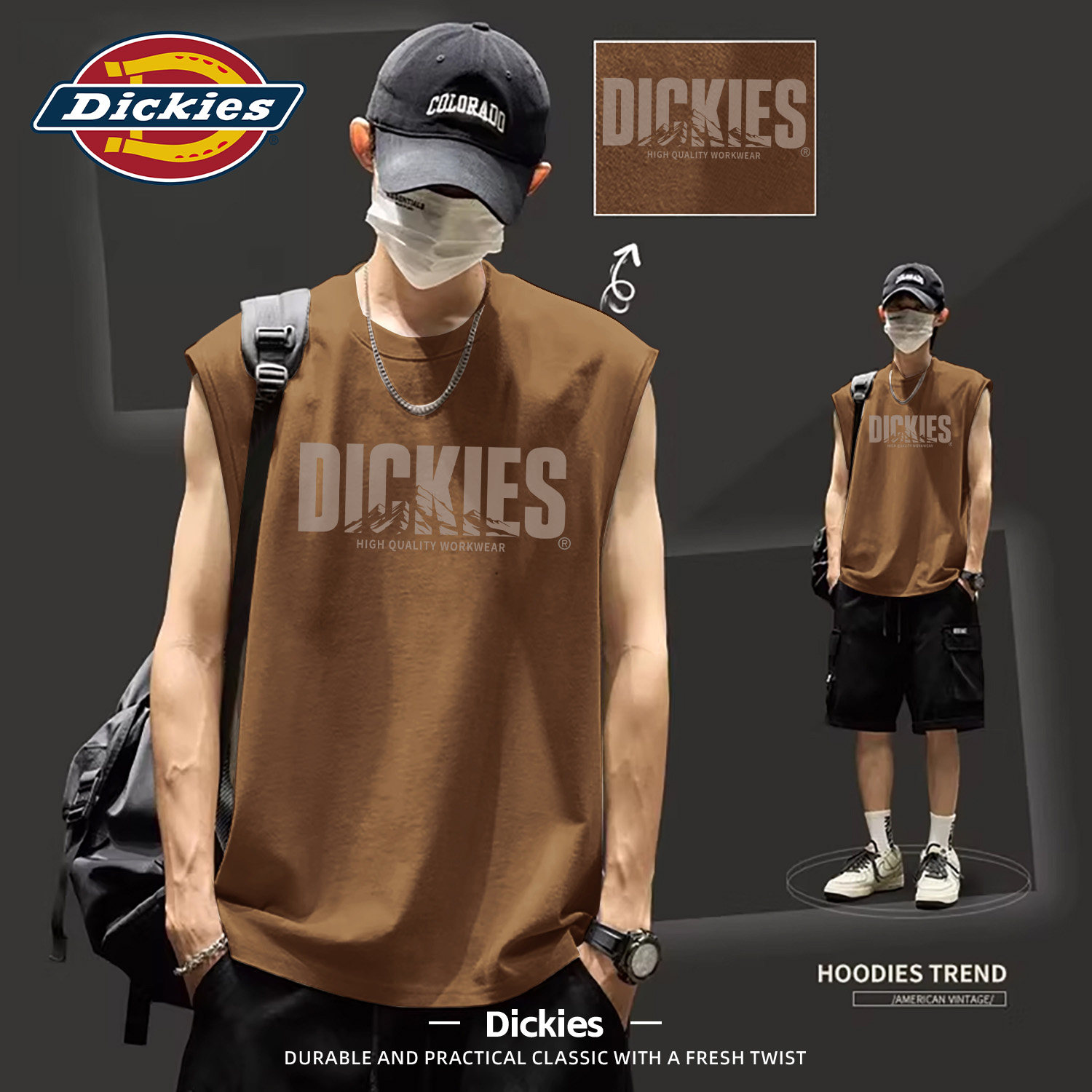 Dickies美式做旧无袖背心男美式复古夏季纯棉运动上衣宽松坎肩男T