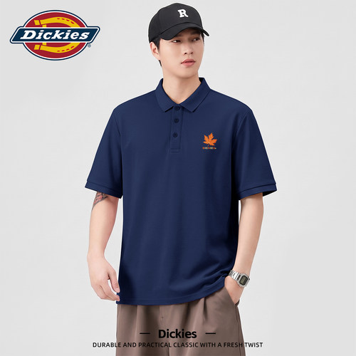 Dickies藏青色polo衫短袖男款夏季透气男士商务通勤枫叶印花上衣